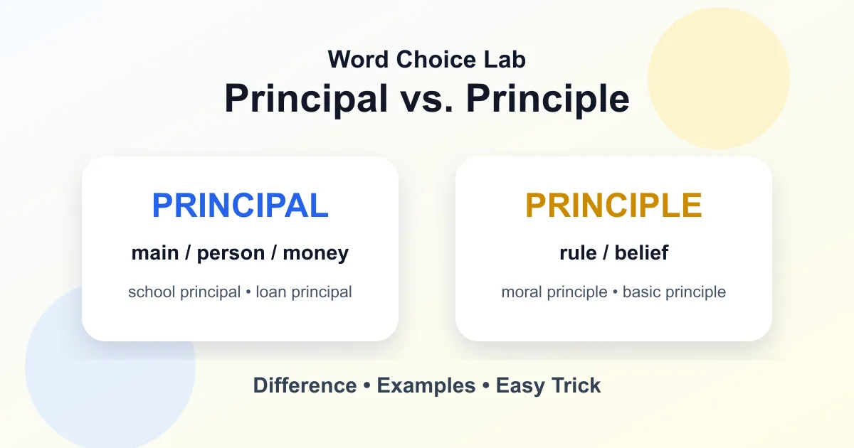 Principal vs. principle difference: main person or amount vs. rule or belief